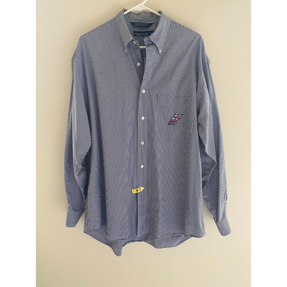 Nautica Mens Large Button Down Shirt Long Sleeve Pocket Navy & White 100% Cotton